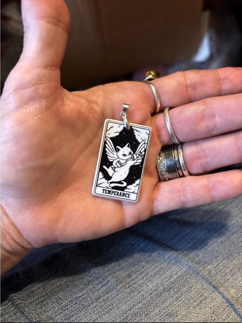 Temperance Cat Tarot Pendant Necklace - Black & White